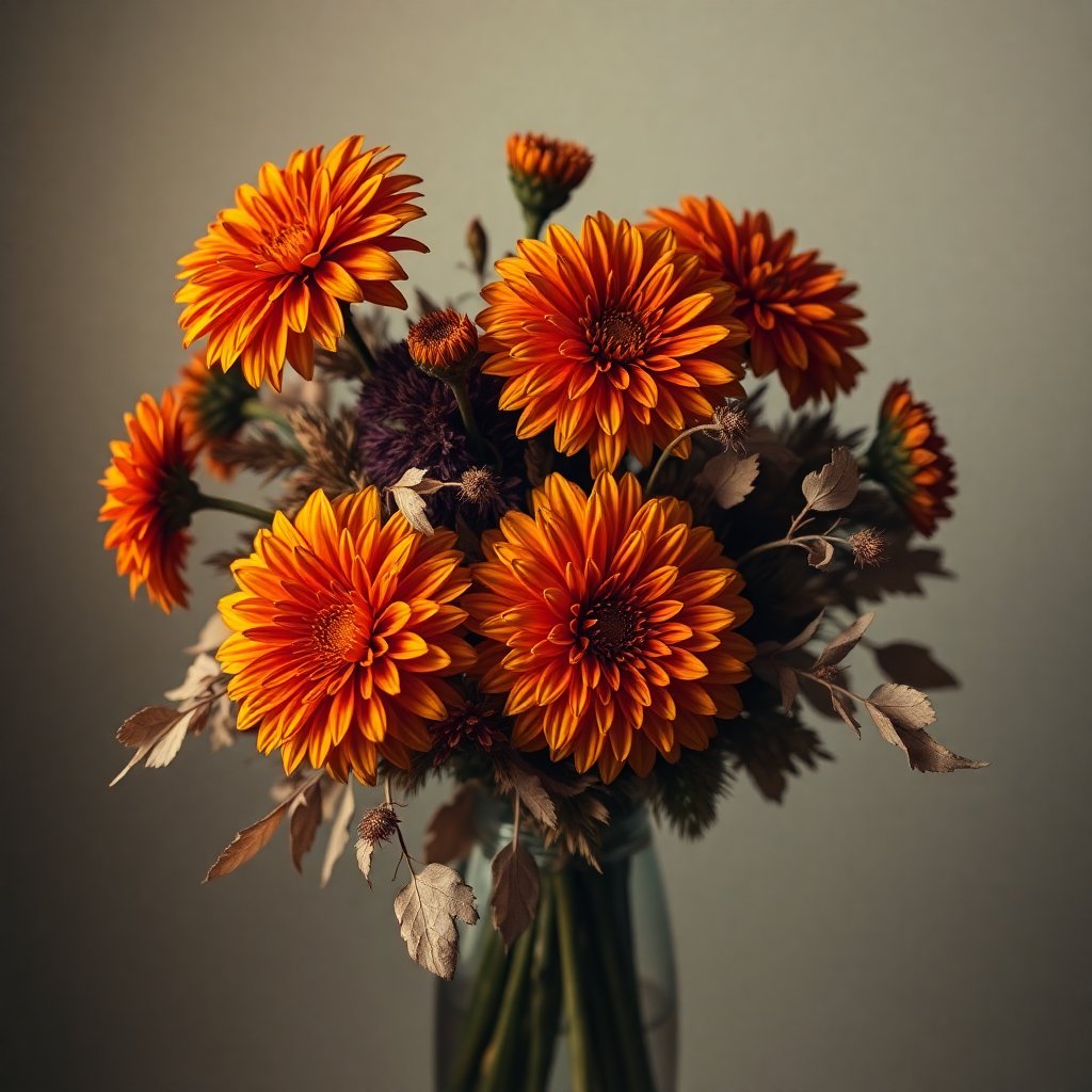 Rich autumn flower bouquet with orange dahlias and dried leaves, warm professional studio lighting, artistic composition, high resolution