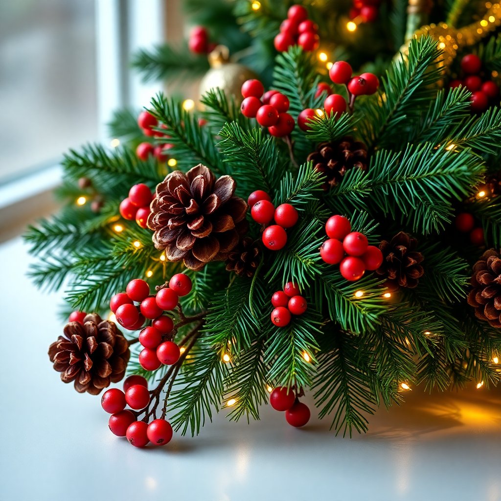 Luxury Christmas floral decoration with pine cones, red berries and gold accents, warm holiday lighting, professional studio shot, high resolution