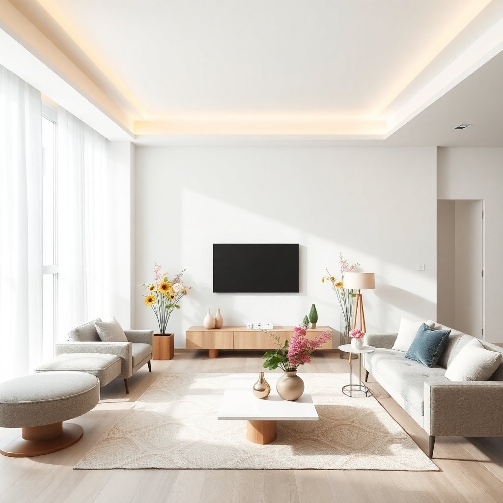 Modern interior floral decoration in a minimalist bright living room, professional architectural photography, artistic lighting, high resolution