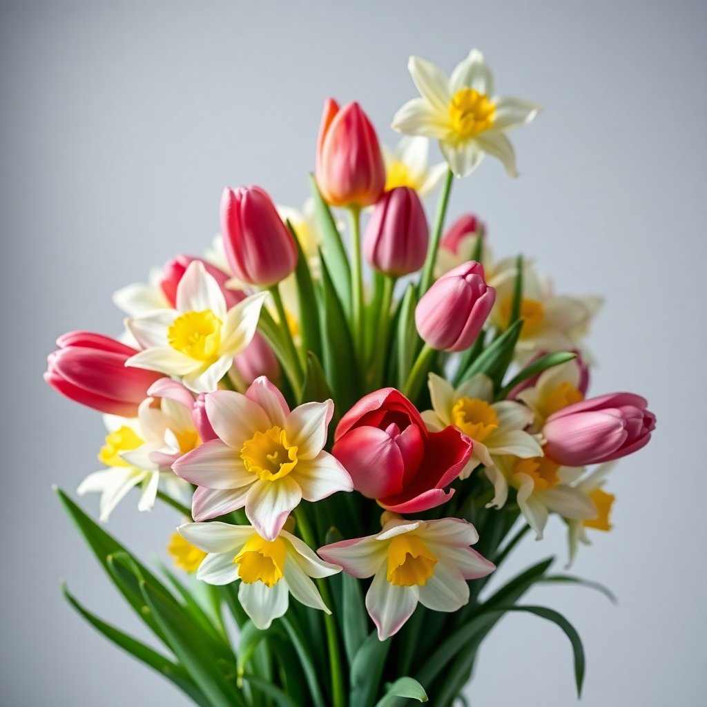 Professional studio photo of a vibrant spring flower bouquet with tulips and daffodils, soft lighting, artistic composition, high resolution