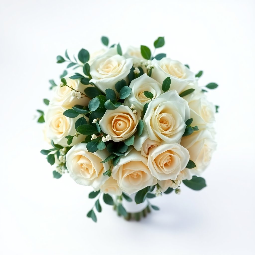 Elegant luxury wedding bouquet with white roses and eucalyptus, professional wedding photography style, artistic studio lighting, high resolution
