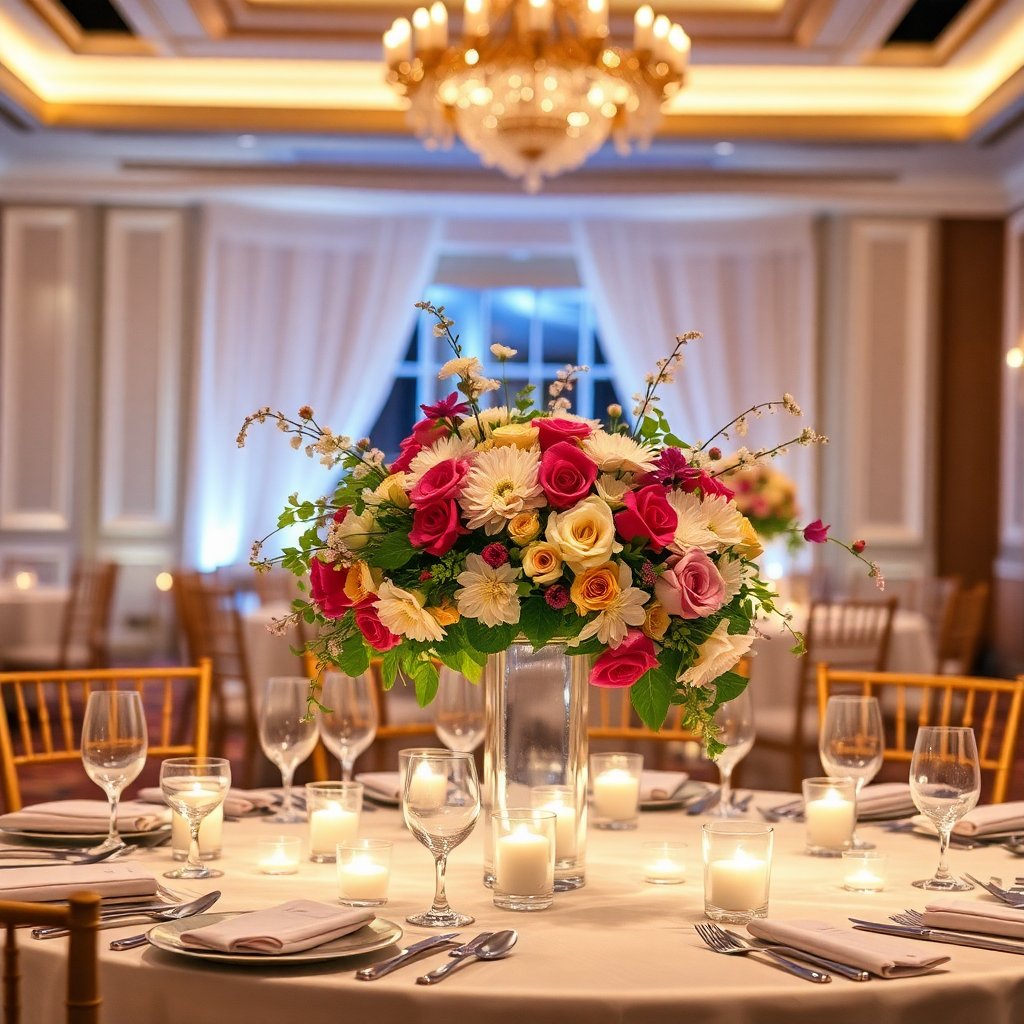 Floral centerpiece for a wedding table, luxury banquet setting, soft romantic lighting, professional photography, high resolution