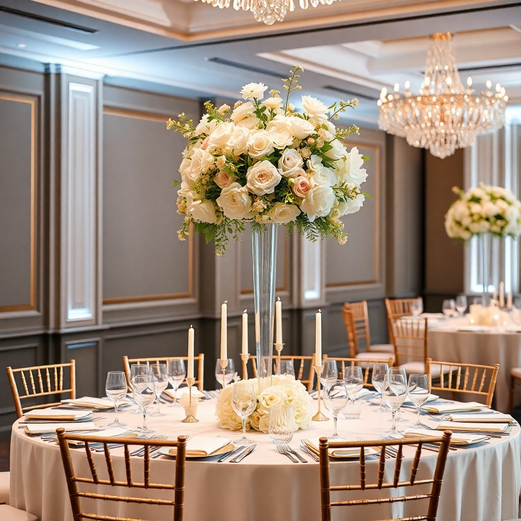 Elegant wedding table setup with tall floral centerpieces, white and blush flowers, candles, crystal glasses, luxury ballroom setting, 8k