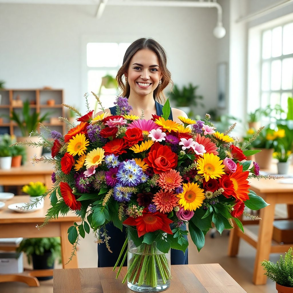 Professional florist woman smiling while arranging a large colorful bouquet in a bright, modern workshop with wooden tables and plants, soft natural light, high quality